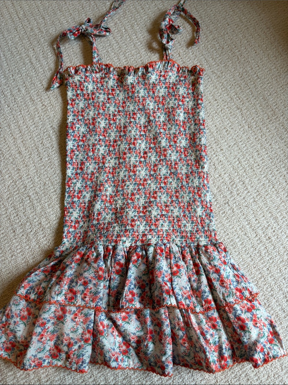 Katie J NYC Floral Tie-Shoulder Sundress in Red and Blue on Cream